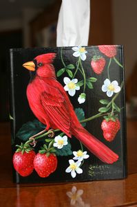 Red cardinal and strawberries painting on black back gound by sherrylpaintz