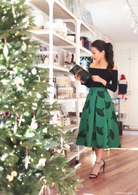 Vintage vibes in @modcloth // retro-inspired christmas party outfit with A-line midi skirt and off-shoulder top