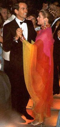 Princess Grace dancing with Dr. Christian Barnard. He was the guest of honour at the Red Cross Ball in Monaco , August 16, 1968. The multi coloured flowing gown was (the Bayadere, S/S 1967) designed by Marc Bohan for Dior.