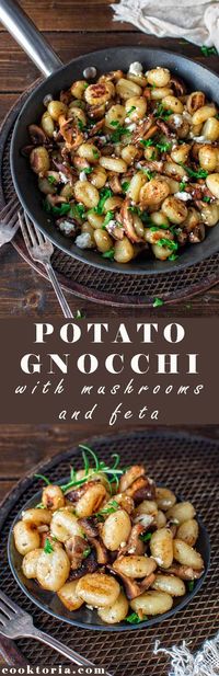 These delightful potato gnocchi combined with fragrant mushrooms and creamy feta cheese make a perfect vegetarian dinner. #gnocchi #mushrooms #quick #dinner #vegetarian