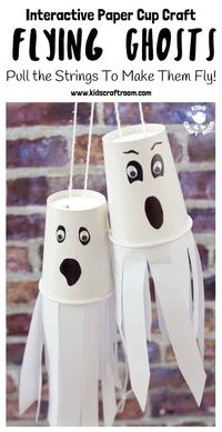 Do your kids love interactive Halloween crafts? We do! It's so fun to make something and then be able to play with it too. This easy Paper Cup Flying Ghost Craft is sure to be a hit! Pull the strings to see the paper cup ghosts fly up and down! So spooky and fun! #halloween #halloweencrafts #halloweendecorations #kidscrafts #crafts #ghosts #ghostcrafts #papercups #papercupcrafts #kidscraftroom