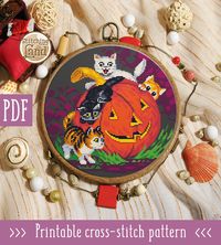 Cross stitch pattern Halloween This pattern is an instant download PDF file. It is a digital pattern and will be available to download when the payment will be received. Stitches: 120 x 116 full cross stitches Design Size: 8.57 x 8.29 inches or 21.77 x 21.05 cm Hoop Size: 9 inches Fabric: 14 Count Black Aida Colors: 18
