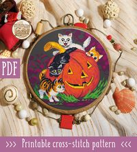 Cross stitch pattern Halloween This pattern is an instant download PDF file. It is a digital pattern and will be available to download when the payment will be received. Stitches: 120 x 116 full cross stitches Design Size: 8.57 x 8.29 inches or 21.77 x 21.05 cm Hoop Size: 9 inches Fabric: 14 Count Black Aida Colors: 18