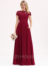 A-Line Scoop Floor-Length Chiffon Lace Bridesmaid Dress (007206482) - JJ's House