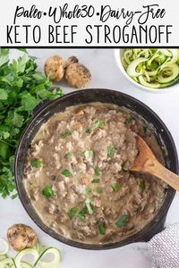 This Keto & Whole30 Beef Stroganoff is a simple weeknight dinner that's creamy, hearty, and tastes like you spent all day in the kitchen! It's also dairy-free and Paleo-friendly - YAY! #paleobeefstoganoff #paleo #whole30 #whole30beefstoganoff #glutenfree #keto #glutenfreebeefstoganoff #ketobeefstroganoff #dairyfree #dairyfreebeefstroganoff