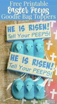 These Easter Peeps Goodie Bags with a printable "He is Risen! Tell Your Peeps!" toppers and filled with blue Peeps are perfect for Sunday school and Easter parties for kids!