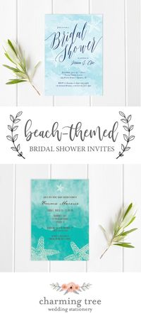 Pretty beach-themed bridal shower invitations from Charming Tree Design. #destinationwedding #beachthemedbridalshower