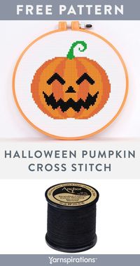 Free Halloween Pumpkin Cross Stitch pattern using Anchor Embroidery Floss Spools. This pumpkin is a perfectly sized Halloween motif to frame in a hoop or to add to a tote or décor item. A cross stitch chart, color reference and stitch diagrams are included. #CrossStitch #Anchor #AnchorFloss #SpoolFloss #Yarnspirations