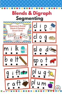 Segmenting and blending cards for beginning and ending blends and digraphs.
