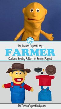 Farmer costume sewing patterns for making felt hair, hat, shirt and overalls for the Person Puppet.