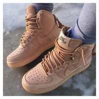 Shoes: nike nike nike air force 1 beige sneakers nike sneakers suede... ❤ liked on Polyvore featuring shoes, nike shoes, brown tennis shoes, tennis shoes, high top shoes and nike high tops
