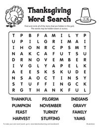 Students search for words like “harvest,” “thankful,” “pumpkin” and more in our Thanksgiving-themed word search printable!