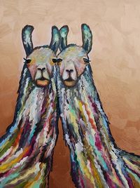Snuggling Woolly Llamas in Metallic Copper an original oil painting by Eli Halpin #elihalpin #llamas #copper #oilpaintings