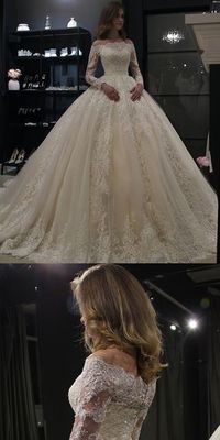 Gorgeous Lace Wedding Dresses with Appliques 2019 Puffy Tulle Bridal Dress Ball Gown Full Sleeve #glamorous #weddingdress #bridalgowns #lace #ballgowns #fullsleeeve #offtheshoulder #lacesleeve #zipper #elegant #puffytulle #2019fashion #newarrival