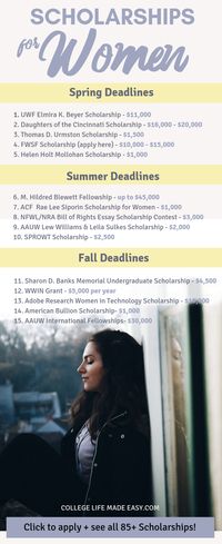College scholarships for women, 85+ opportunities to win awards for school in 2019! This article lists scholarships for women in all walks of study and life. Click to start applying! #college #collegelife #student #scholarship #scholarships
