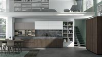 Dark aged oak | Fenix warm white | Glossy glass lead grey | Worktop: HPL laminate | Bookcase: white | Bookcase back: matt smoke | Plinth: urban oxidized