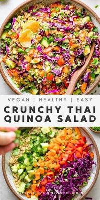 Crunchy Thai Quinoa Salad recipe features a colorful mix of veggies and tossed with a quick and easy creamy almond dressing for a delicious and addicting vegan lunch, dinner or meal prep! #healthyrecipes #veganrecipes #plantbased