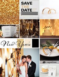 A metallic color palette featuring wedding stationery, decor, and other ideas for your New Year's Eve wedding theme.