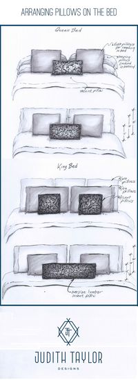 Arrangement and sizing for pillows on Queen and King bed. www.judithtaylordesigns.com