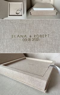 **Eternal Collection** Wedding Album (10x10) - wrapped in Oatmeal Linen. Featuring matching storage box and imprinting of names and date (gold modern font). Photography + Design by Femina Photo + Design, crafted by Renaissance Albums (www.feminaphoto.com)
