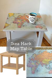 IKEA Hack Map Table - It is so easy to upcycle and transform a plain IKEA side table with some map wrapping paper and make this gorgeous map table. #ikeahack #map table
