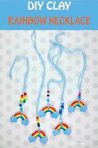 DIY Clay Rainbow Necklace for kids to make for St Patrick's Day or as party favors for a rainbow party #rainbowpartyfavors #diyrainbownecklace