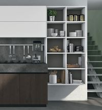 Dark aged oak | Fenix warm white | Glossy glass lead grey | Worktop: HPL laminate | Bookcase: white | Bookcase back: matt smoke | Plinth: urban oxidized