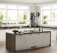 Minimal composition that does not envisage the use of wall units. Linear and squared shapes convey a sense of practicality and functionality, like the use of modern high-tech materials (Noisette Porcelain Stoneware worktop) turns the kitchen into a highly organised and comfortable place. Shabby chic kitchen ideas.