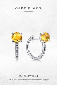 14K White Gold 10mm Citrine and Diamond Huggies EG13574W45CT #Gabriel Co #Gabriel Jewelry #Gabriel And Co #HuggieEarrings #WhiteGoldEarrings #DiamondEarrings #Citrine #Earrings