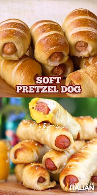 Simple Homemade Pretzel Dogs with a hot dog baked right inside a soft beer pretzel. That makes these the tastiest and easiest homemade pretzel dogs you will ever eat! Ready in just 35 minutes you can enjoy these any night. They are a great make ahead recipe and they freeze well too. Just thaw and pop them in a 350°F oven until warm, about 5-8 minutes. #pretzeldogs #makeaheadmeal
