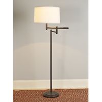 Attractive tiller arm allows you to easily guide the light from your easy chair to your partner's! Blackened Bronze with oyster or brushed Steel with white woven fabric shade. Minor assembly.3-way 150 watts.(59"Hx21"W)6' clear silver cord.Shade: 15"x16"x10"