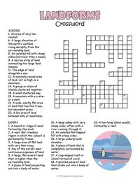 A printable crossword for elementary school students featuring definitions of various landforms. Puzzlers must respond with the correct vocabulary word.