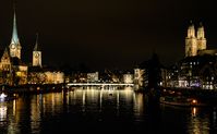 Zurich Switzerland at Night from Limmat River and Lake Zurich