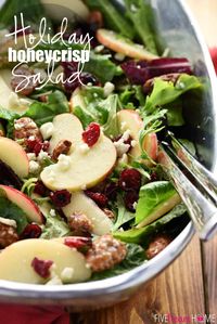 Holiday Honeycrisp Salad ~ this gorgeous Christmas salad or Thanksgiving salad is full of flavor and texture, with fresh apple slices, crunchy toasted pecans, chewy dried cranberries, zippy blue cheese, and a tangy-sweet apple cider vinaigrette! | FiveHeartHome.com