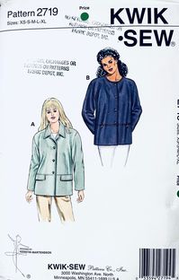 SEWING PATTERN - KWIK SEW 2719: Shirt jacket has extended shoulders. View A has convertible collar and pockets with flaps in seams. View B has round neckline and pockets in seams with loop and button closures. --------------------- Please check measurements as sizes may vary Size XS-S-M-L-XL Bust: 31.5 - 45 inches Hip: 32.25 - 47 inches ---------------------- PATTERN CONDITION: UNCUT, Factory Folded PATTERN DIRECTIONS: Included PATTERN ENVELOPE: Has some tears at flap and some corner creases. ✂
