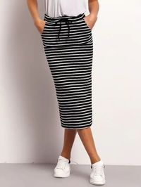 Color: Black and WhiteDetails: DrawstringFabric: Fabric has some stretchLength: Long/Full LengthComposition: 85% Polyester, 15% SpandexPattern Type: StripedSeason: Spring/Summer/FallSilhouette: SheathStyle: CasualWaist Type: Mid Waist
