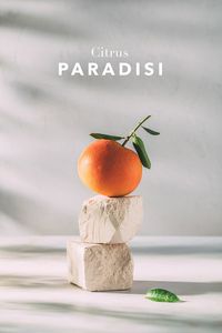 Citrus Paradisi fotografiado sobre una peana. Este pomelo murciano forma parte de un homenaje de la fotógrafa Cristina Navarro a los cítricos de la huerta de Murcia.
