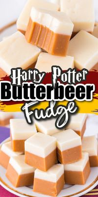 Harry Potter Butterbeer Fudge (copycat recipe) is packed with delicious butterscotch and white chocolate flavors. This smooth and creamy homemade fudge makes bite-size treats that resemble a miniature glass of butterbeer, and will make the little wizards in your life oh so happy!