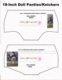 Image of doll underwear pattern (briefs) to fit 18 inch dolls like American Girl Dolls, Journey Girls, Madame Alexander dolls, etc. Free printable pattern for sewing dolly underwear (knickers)