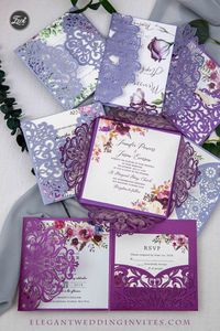 Script Calligraphy Ivory and Lavender Elegant Wedding Periwinkle Pocket Lilac Purple Purple and Champagne Shimmer Wedding Invitations