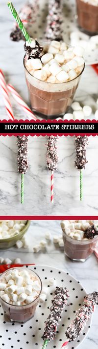DIY hot chocolate stirrers! All you need are paper straws, mini marshmallows, chocolate, and candy canes! An easy, last minute addition to a holiday hot chocolate bar or wrap them up to give as gifts!