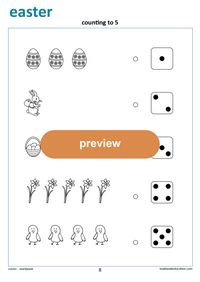 Easter worksheet, counting with dice, counting to 5. Preschool, Kindergarten, First grade worksheets: lookbookeducation.com
