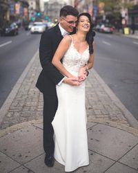 Staying city chic for our wedding 🚕 #MaggieSottero #Alaina #WeddingDress #WeddingGown #LaceWeddingDress #SheathWeddingDress #WeddingDressInspo #WeddingDressInspiration #RomanticWeddingDress #CityWedding #CrepeWeddingDress #ChicWeddingDress #ChicWedding