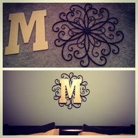 Metal wall hanging from Hobby Lobby + spray paint + initial letter = $15 monogram wall decoration!