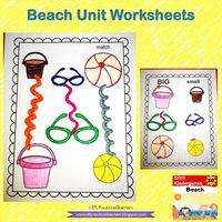 Big and small beach items worksheet. Students complete the worksheet as they color the big and small bucket, sunglasses and ball. Then, they cut all the items and sort them on the other worksheet.