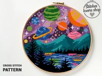 "Cross stitch pattern PDF. Easy counted cross stitch chart modern xstitch punto croce embroidery point de croix Sticken im Kreuzstich kanaviçe 十字绣 ścieg krzyżowy. Planets cross stitch pattern. Instant download in PDF. Fabric: Aida 14, White 120w X 120h Stitches Size: 14 Count, 8.5 inches (21.7cm) wide and 8.5 inches (21.7cm) high Number of colors: 19 DMC This PDF pattern Includes: - Color pattern fit on one page for comfort use from tablet - Black and white symbol pattern divided into pieces - C