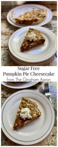 This Sugar Free Pumpkin Pie Cheesecake is absolutely divine. It's perfect for your Thanksgiving or Christmas celebrations. (Trim Healthy Mama S recipe) #cheesecake #sugarfree #trimhealhtymamas #trimhealthyfuture #thanksgiving #christmas