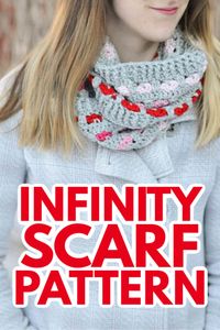 Use this infinity scarf crochet pattern to make the perfect heart themed cozy neck wrap. This will be great for Valentine's Day! #crochet #infinityscarf #crochetscarf #crochetpattern #freepattern #freecrochetpattern #craftsbyamanda