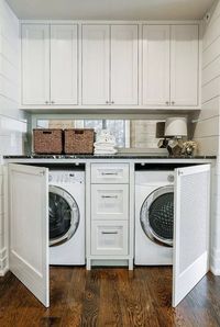 Tiny laundry rooms can be tricky... Where will the storage go? Should I install cabinets, shelves, both? The good news is, you don't have to sacrifice storage space with a small laundry room. You just have to be smart about design. Read our latest blog to learn how you can use cabinets for simple laundry room organization!............... DIY | L Shape | Above Washer | Painted | Layout | Farmhouse | With Rod | Floor to Ceiling | Rustic | With Sink | Ideas | Lily Ann Blogs