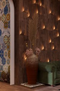 The walls adorned with wood and natural stone add a majestic, friendly, and inviting atmosphere to the space. The feeling from the combination of natural materials is complemented by the modest pendant lighting. #wooddecoration #naturalstonedecor #luxurywalldesign #luxuryrestaurantdesing #restaurantdesign #luxurycafedecorations #cafedecorations #restaurantdecorations